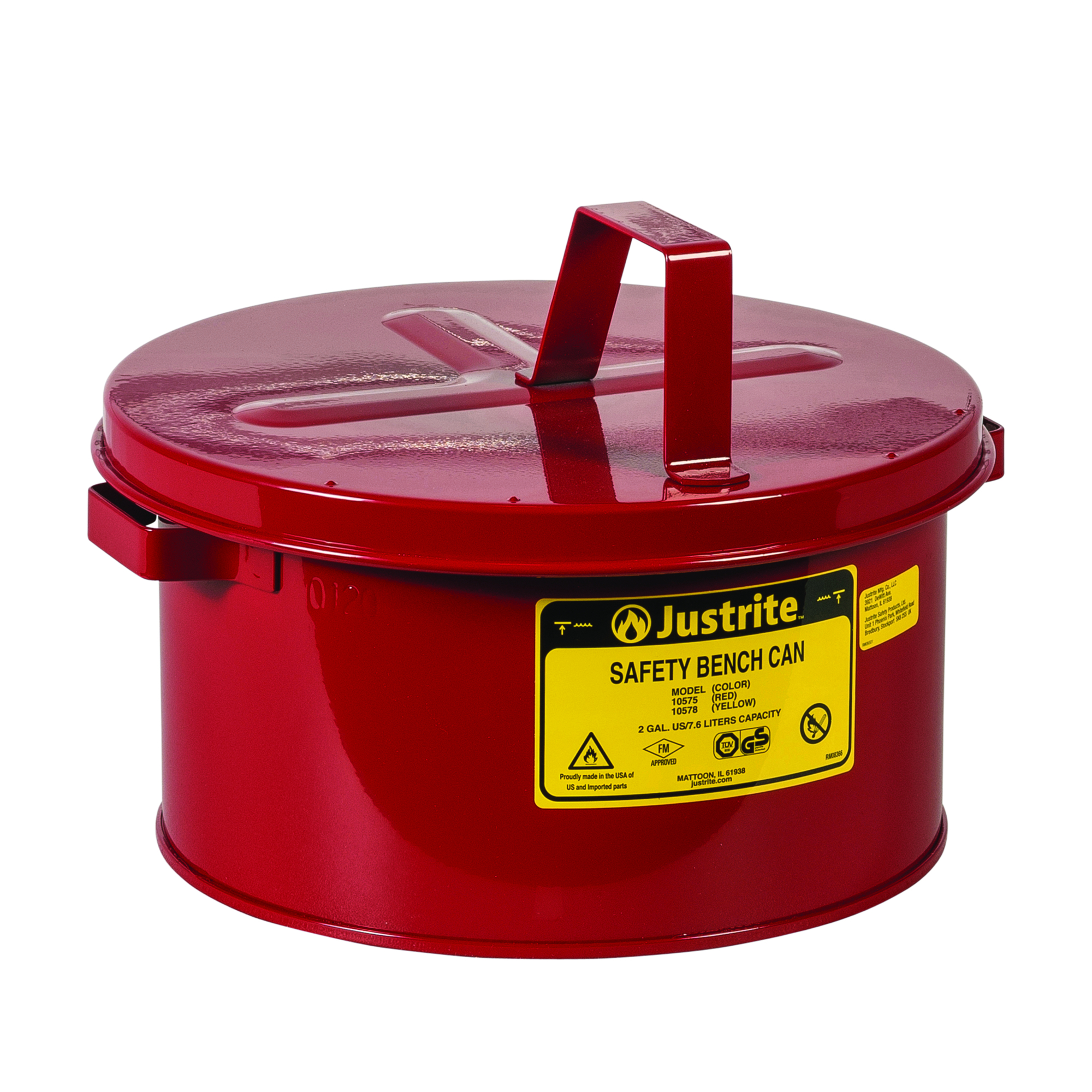 Justrite Steel Bench Can — 2 Gallon, Perforated Dasher Plate, Red, Model# 10575